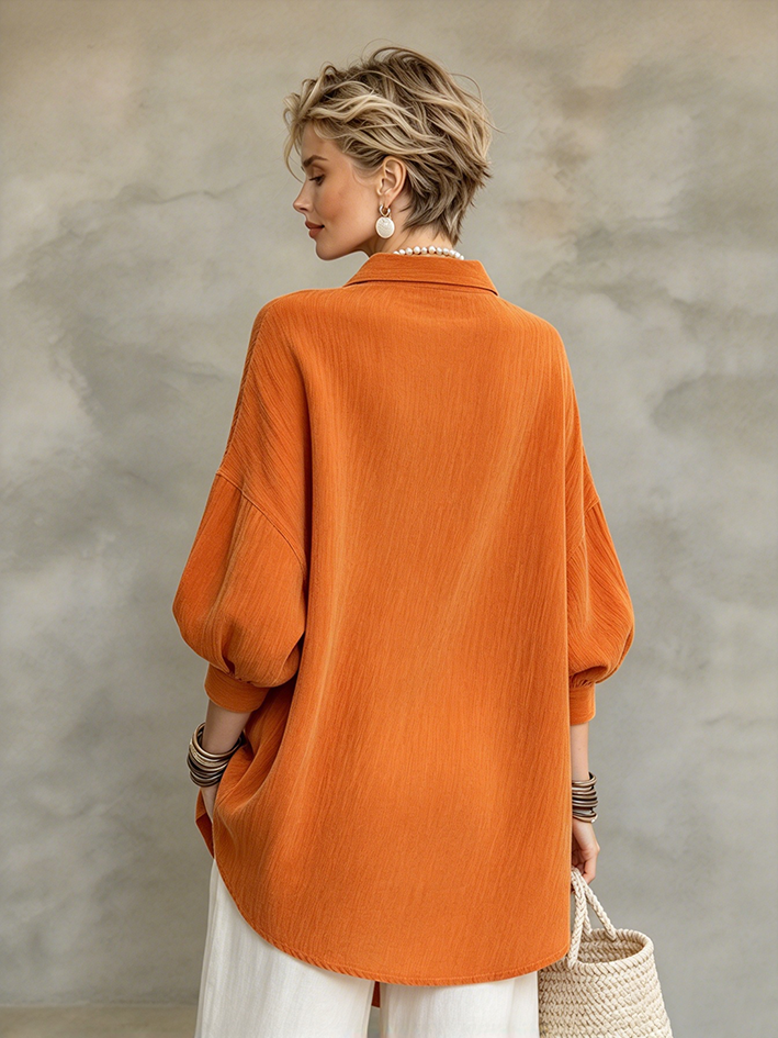 Chic Vintage Textured Orange Button-down Long Sleeve Shirt