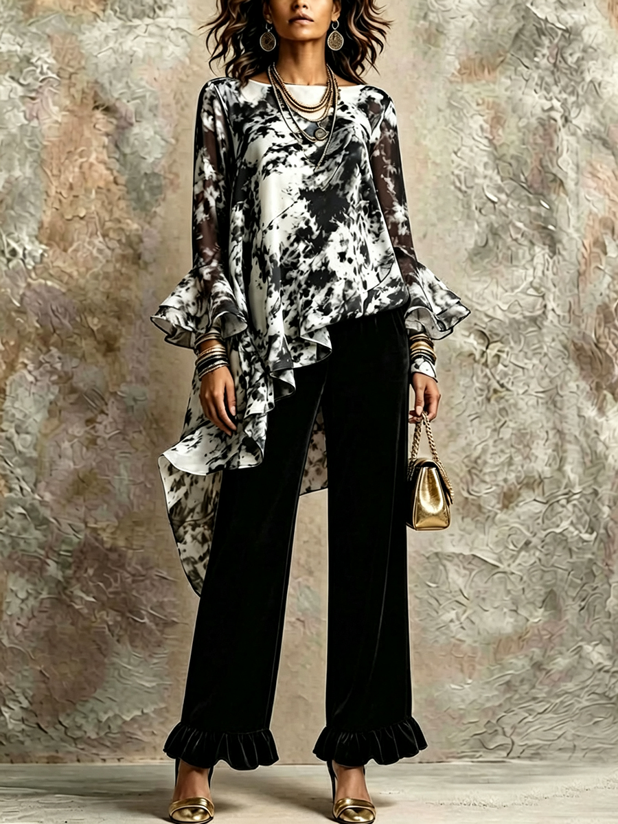 Chic Asymmetrical Ruffled Dramatic Tie-dye Set