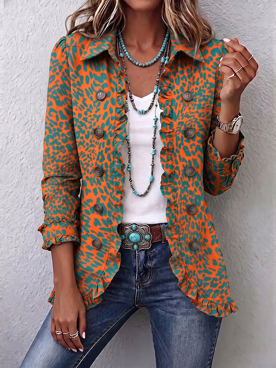 Bold Leopard Print Cotton Linen Ruffled Jacket