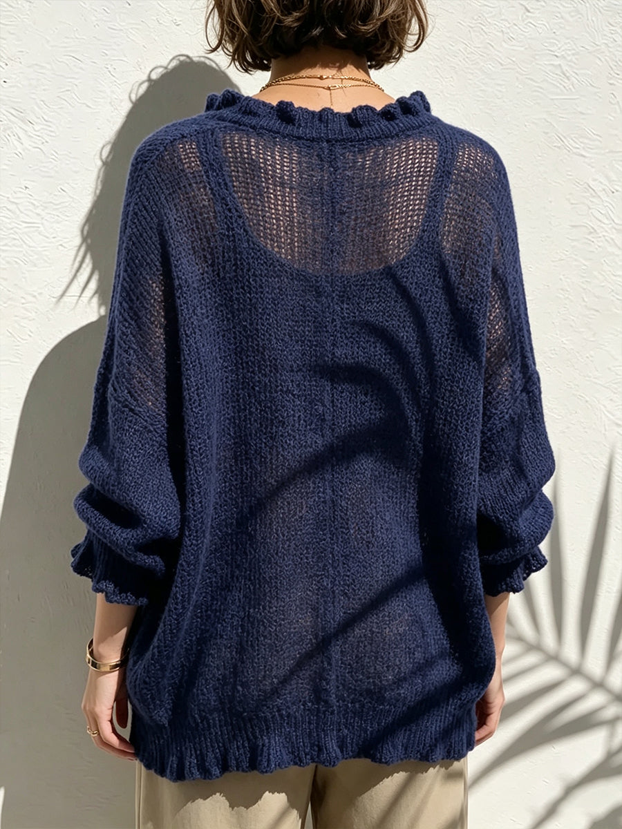Chic Navy Blue Ruffled Open-Knit Cardigan