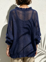 Chic Navy Blue Ruffled Open-Knit Cardigan