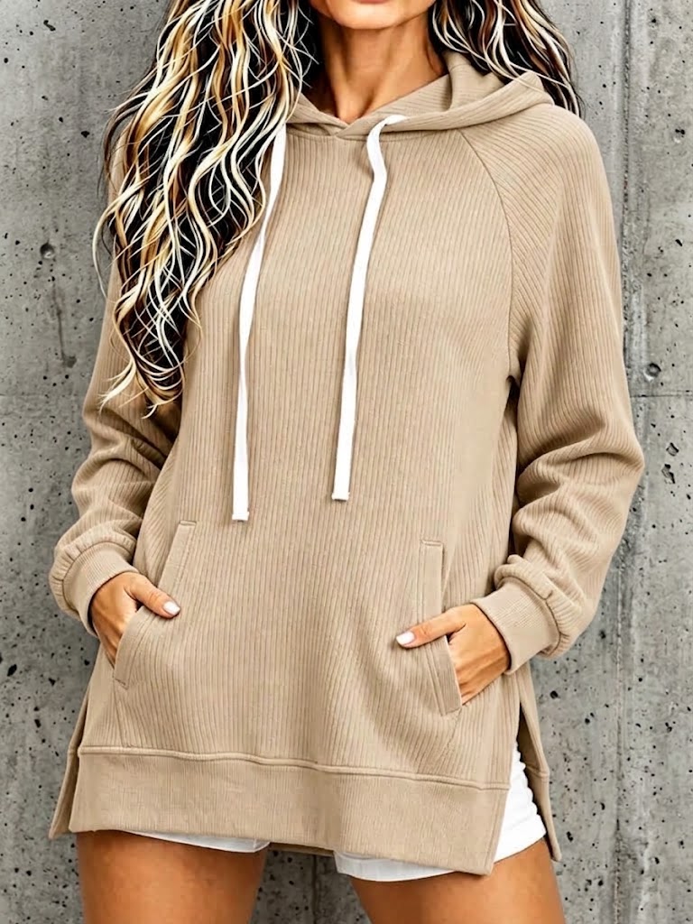 Oversized, Mid-length Corduroy Hooded Pullover With Pockets