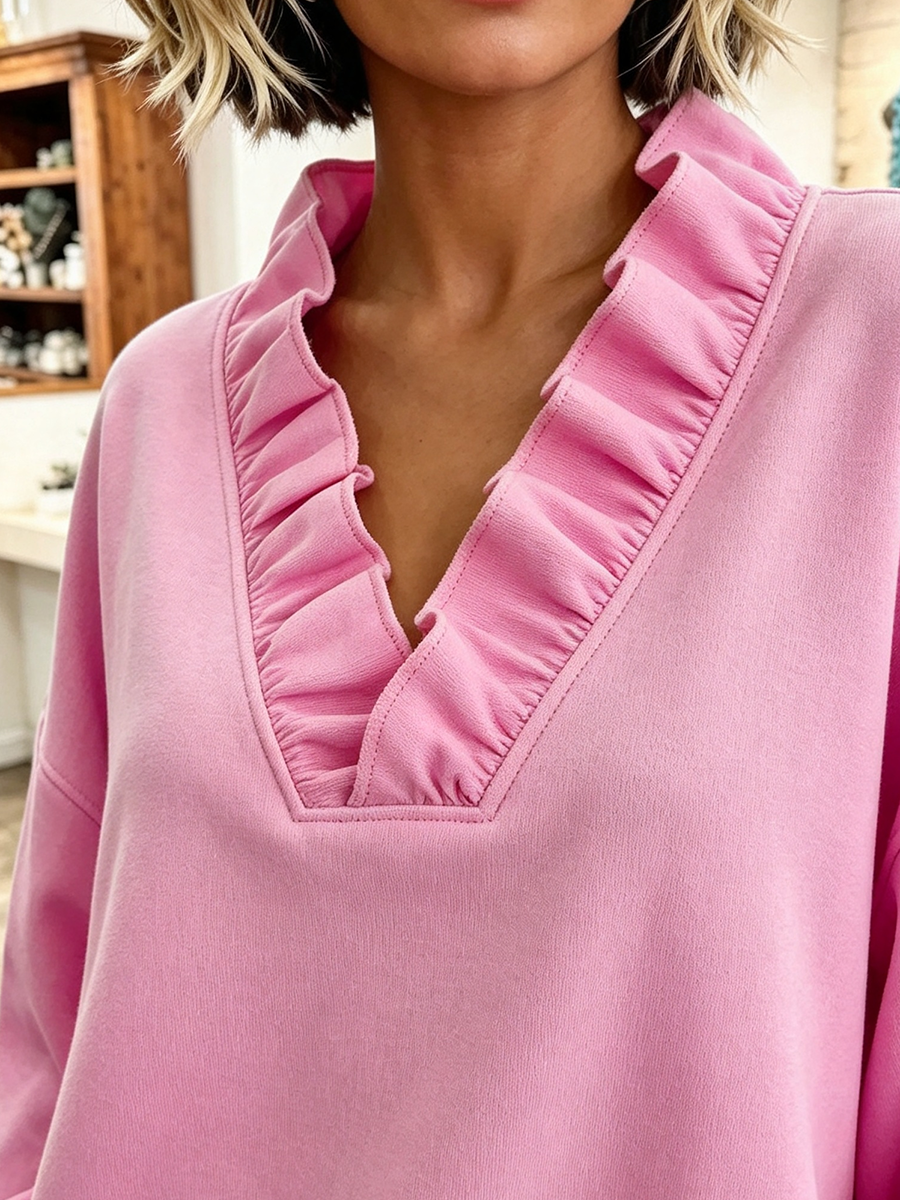 Cozy Oversized Vibrant Pink Ruffled Sweatshirt