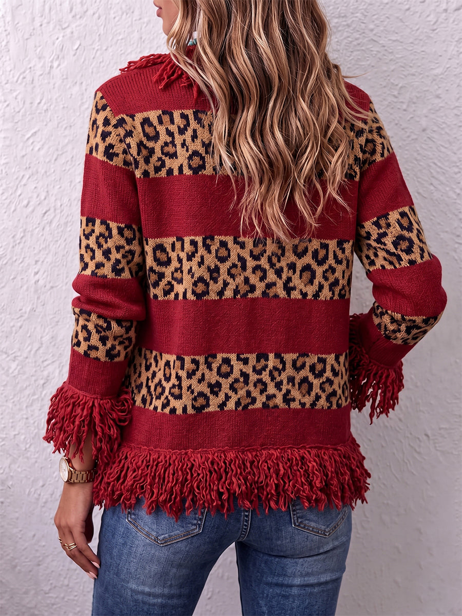 Boho Burgundy Leopard Fringe Cardigan