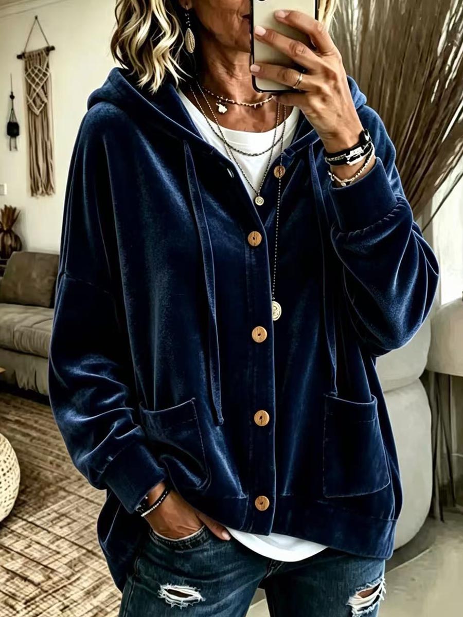 Women's Solid Color V-neck Long-sleeve Casual Loose Hooded Velour Cardigan