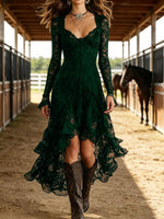 Western Style Black Lace High-Low Ruffle Dress