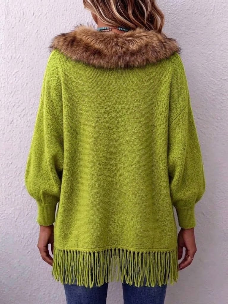 Loose-fit Knit Cardigan With Fur Collar And Tassels