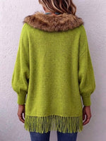 Loose-fit Knit Cardigan With Fur Collar And Tassels