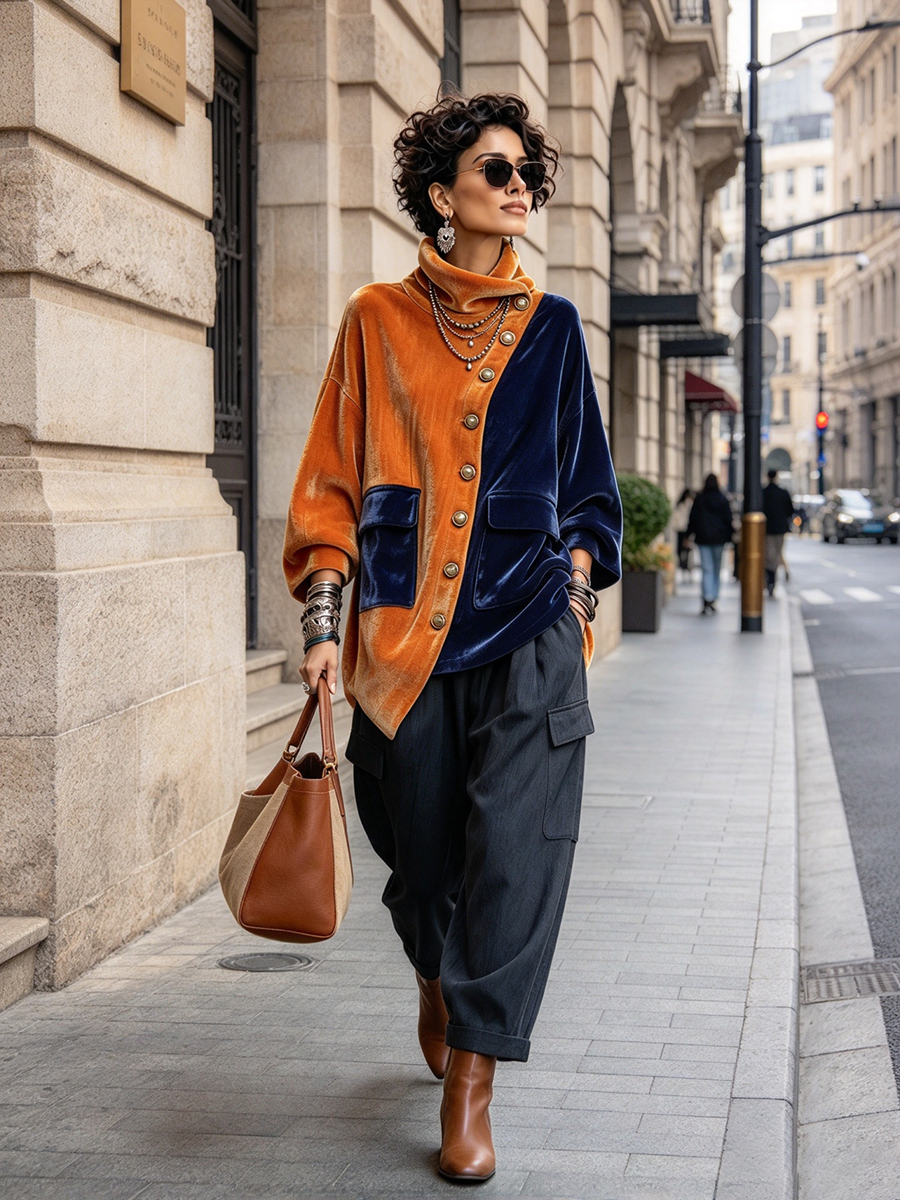 Bohemian Color-block Asymmetric Velvet Top
