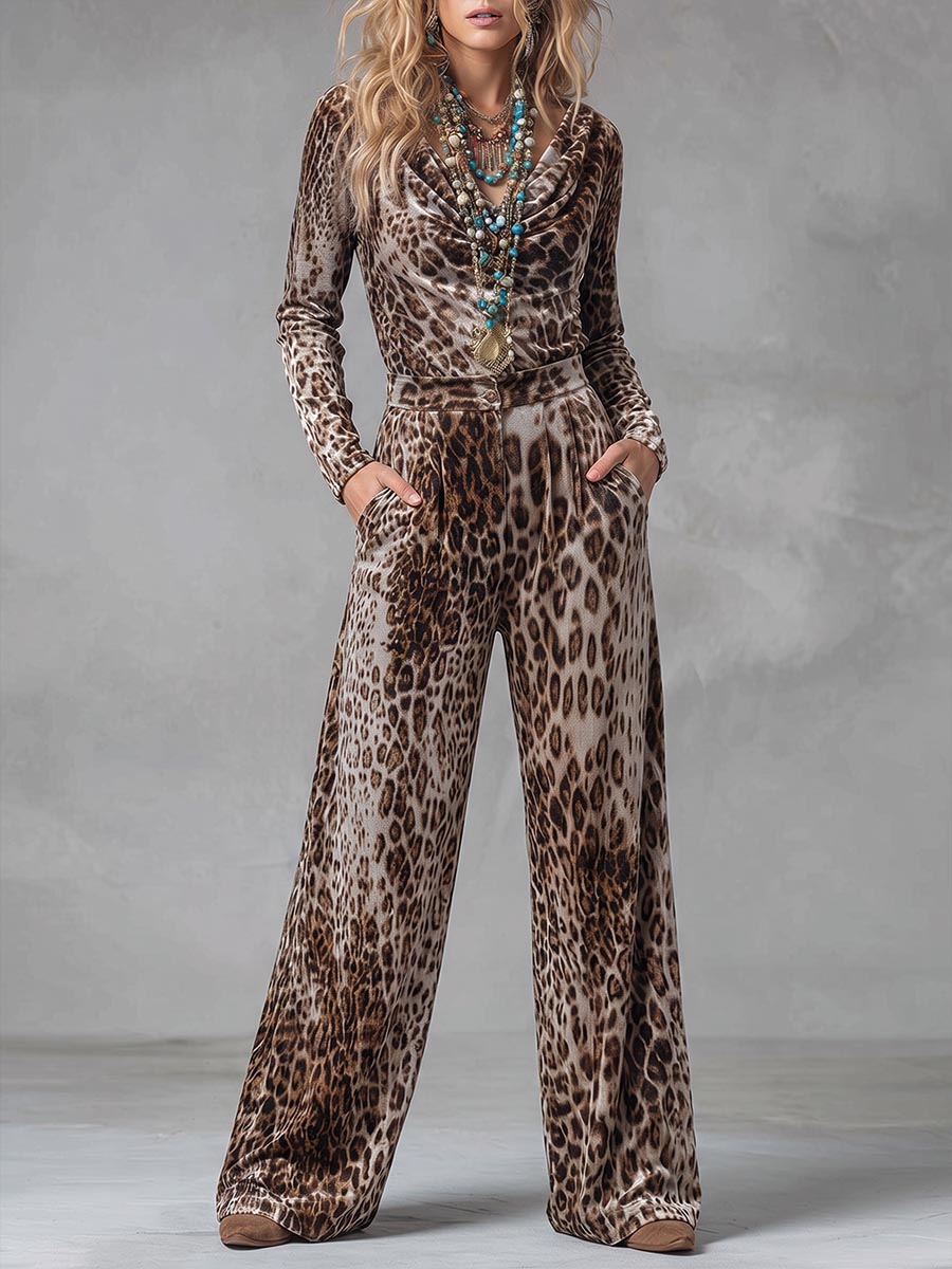 Women's Leopard Print Duffle Neck Long Sleeve Casual Loose Top High Waist Wide Leg Pants Velvet Suit