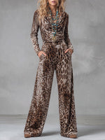 Women's Leopard Print Duffle Neck Long Sleeve Casual Loose Top High Waist Wide Leg Pants Velvet Suit