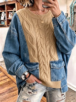 Chic Khaki Cable-Knit and Denim Patchwork Pullover