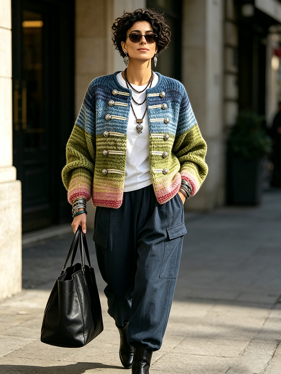 Vibrant Gradient Stripes Knit Cardigan With Statement Buttons