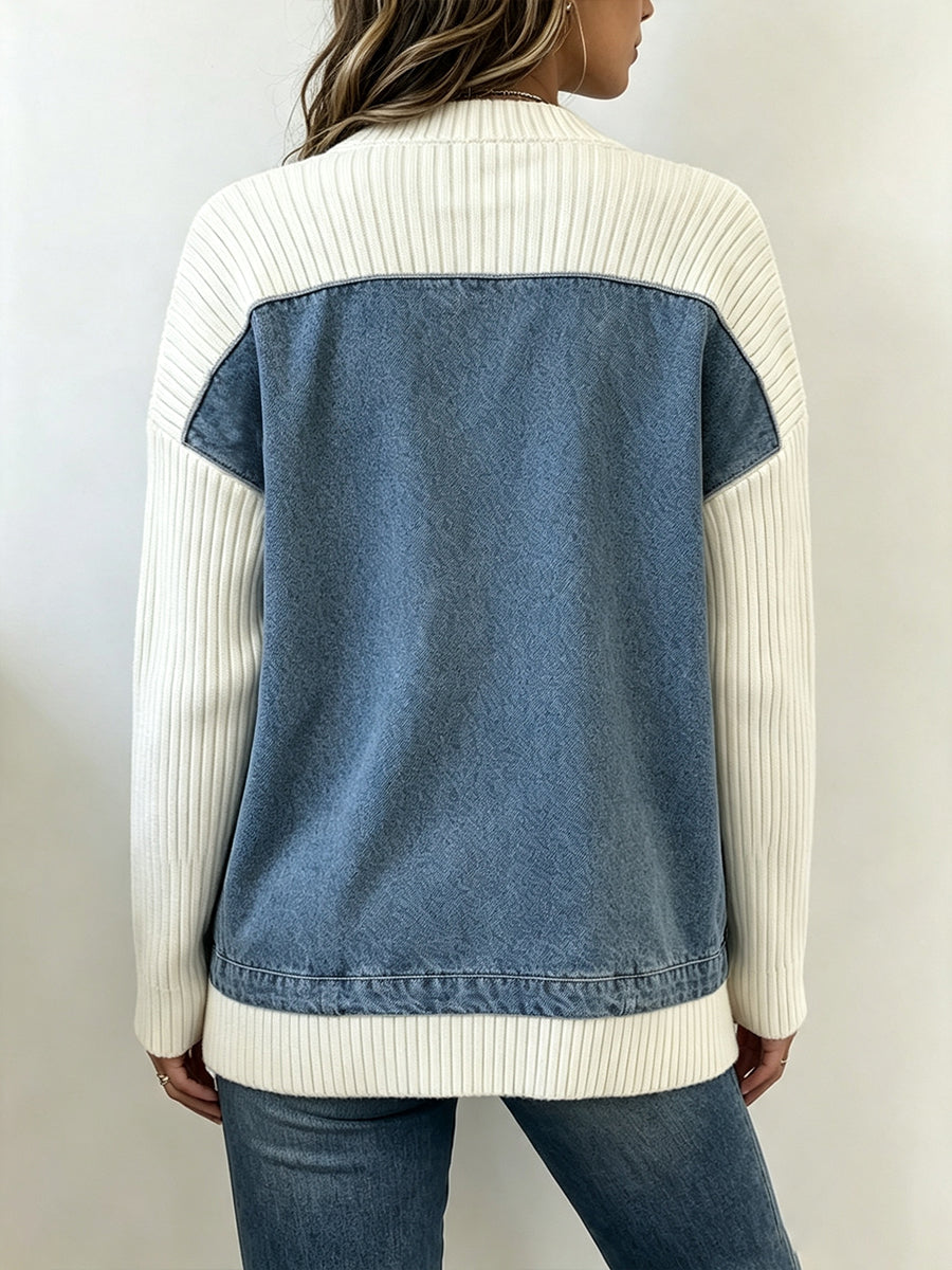 Casual Paneled Knit Denim Cardigan
