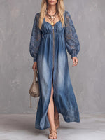 Women's Square Neck Long-sleeved Casual Loose Denim Dress With Lace Trim