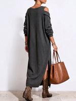 Women's Solid Color V-neck Off-shoulder Long-sleeve Casual Loose Slit Dress