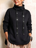 Chic Rhinestone-Drawstring Cowl-Neck Sweatshirt