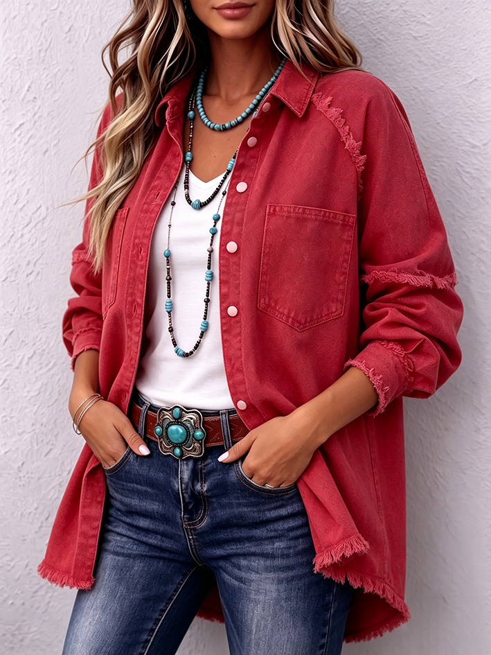 Casual Oversized Frayed Washed Denim Shirt Jacket