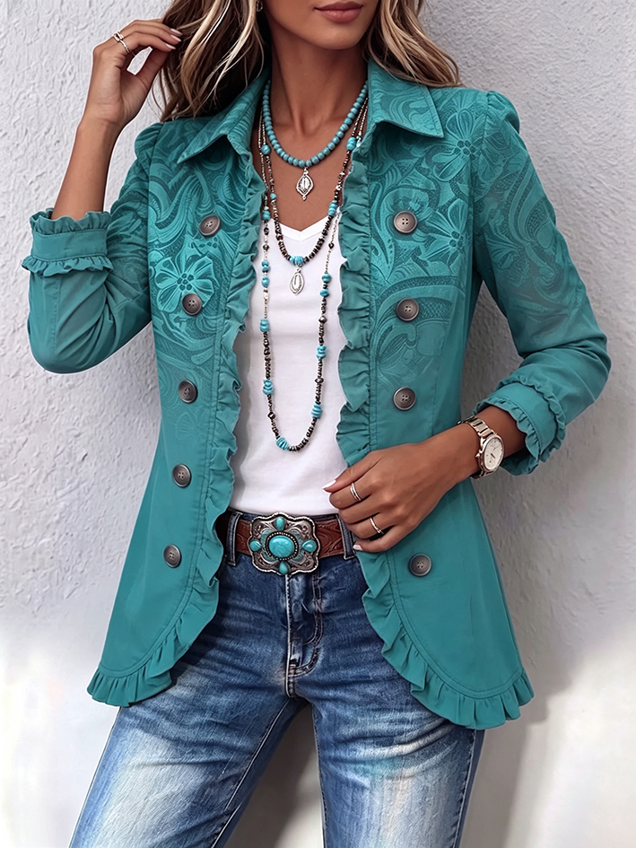 Elegant Teal Floral Print Denim Ruffle Blazer