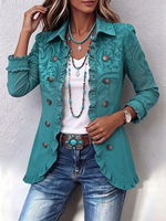 Elegant Teal Floral Print Denim Ruffle Blazer