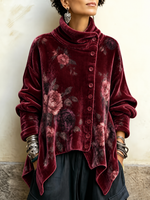 Women's Vintage Rose Velvet Cowl Neck Top - Asymmetric Button Front Draped Tunic Blouse