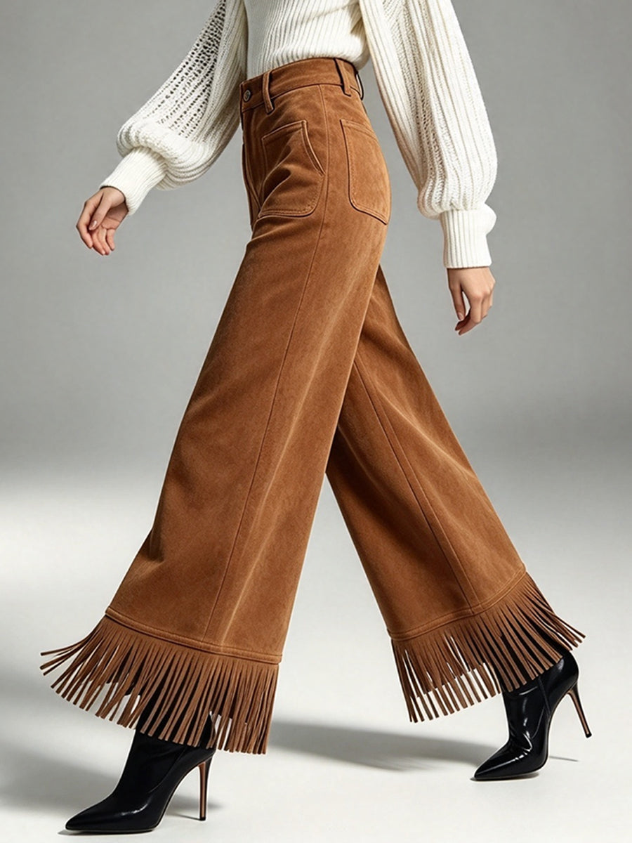 Chic Fringe-Accented Suede Wide-Leg Trousers