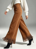 Chic Fringe-Accented Suede Wide-Leg Trousers