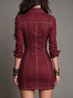 Chic Contrast-Stitch Zip-Front Denim Mini Dress