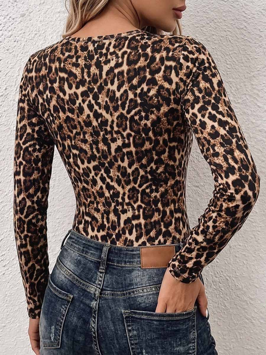 Women's Leopard Print Cut-out Crew Neck Long-sleeve Slim-fit Stretch Top