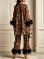 Chic Leopard Print Feather-Trimmed Two-Piece Set