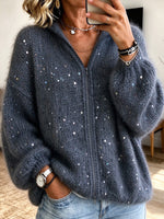 Chic Oversized Chunky-knit Zip-up Cardigan With Sequin Embellishments.