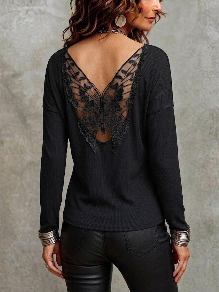 Solid-color Long-sleeve Ribbed T-shirt With Butterfly-floral Back Paneling