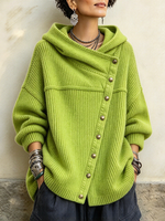 Chic Oversized Ribbed Asymmetrical Button Hooded Sweater