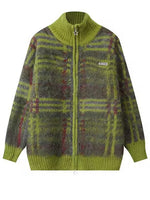 Checkered Plush Mohair-blend Zip-up Cardigan