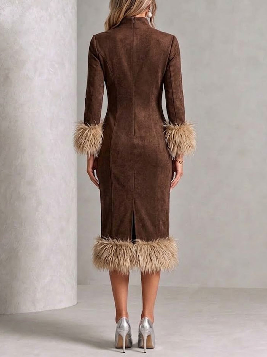 Faux Suede Slim-fit Midi Dress With Raw-edge Paneling