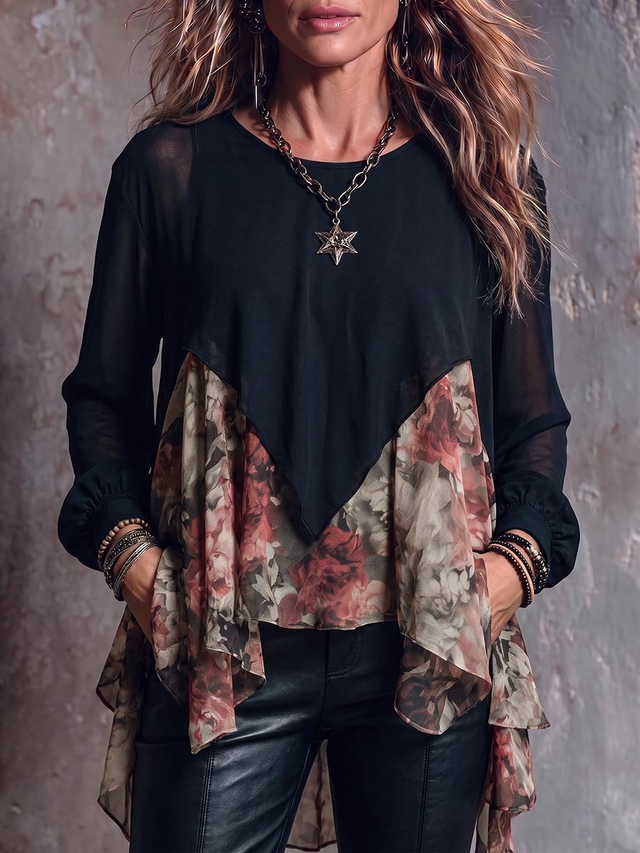 Women's Round Neck Long Sleeve Casual Loose Retro Print Patchwork Pullover