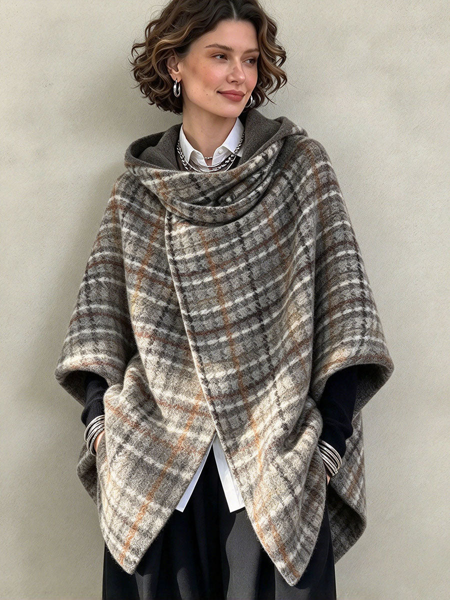 Oversized Asymmetrical Plaid Wool-blend Hooded Cape Coat