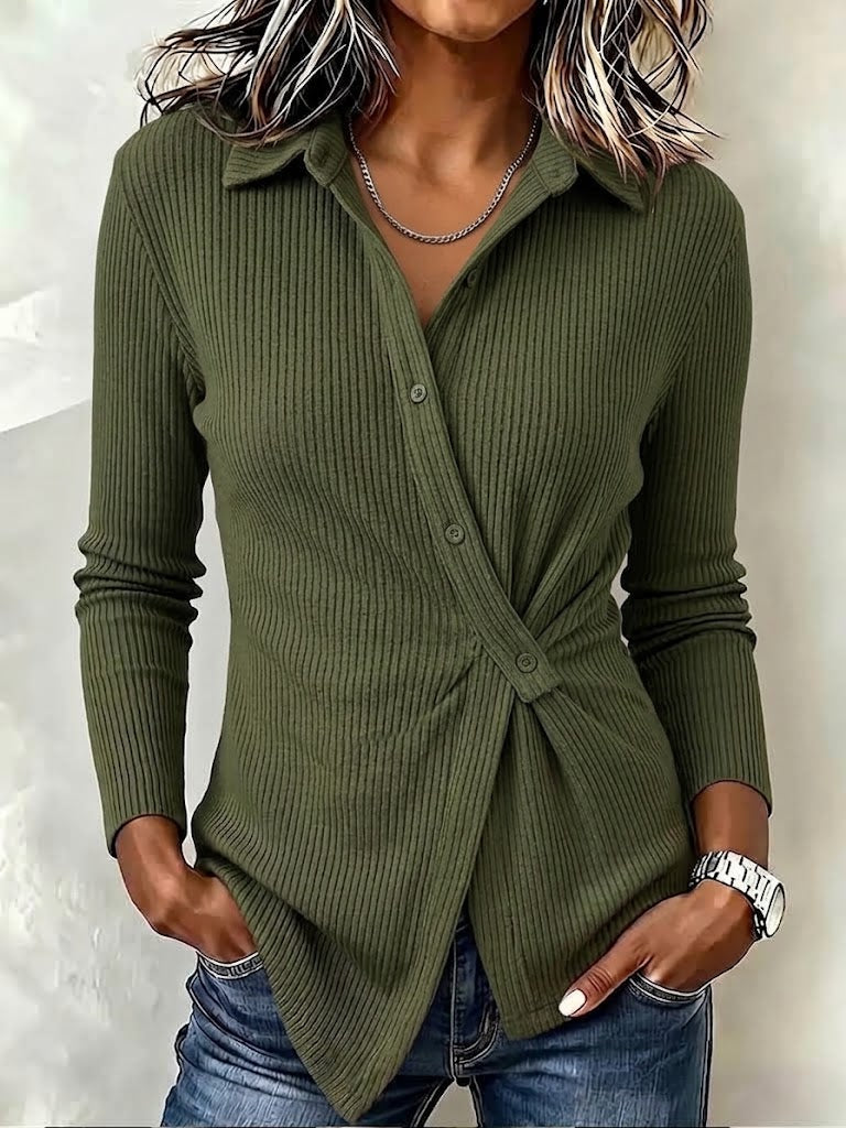 Lapel Diagonal Placket Twist Asymmetric Hem Ribbed Knit Long Sleeve Shirt