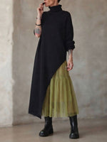 Cozy Turtleneck Asymmetric Hem False Two-piece Maxi Dress