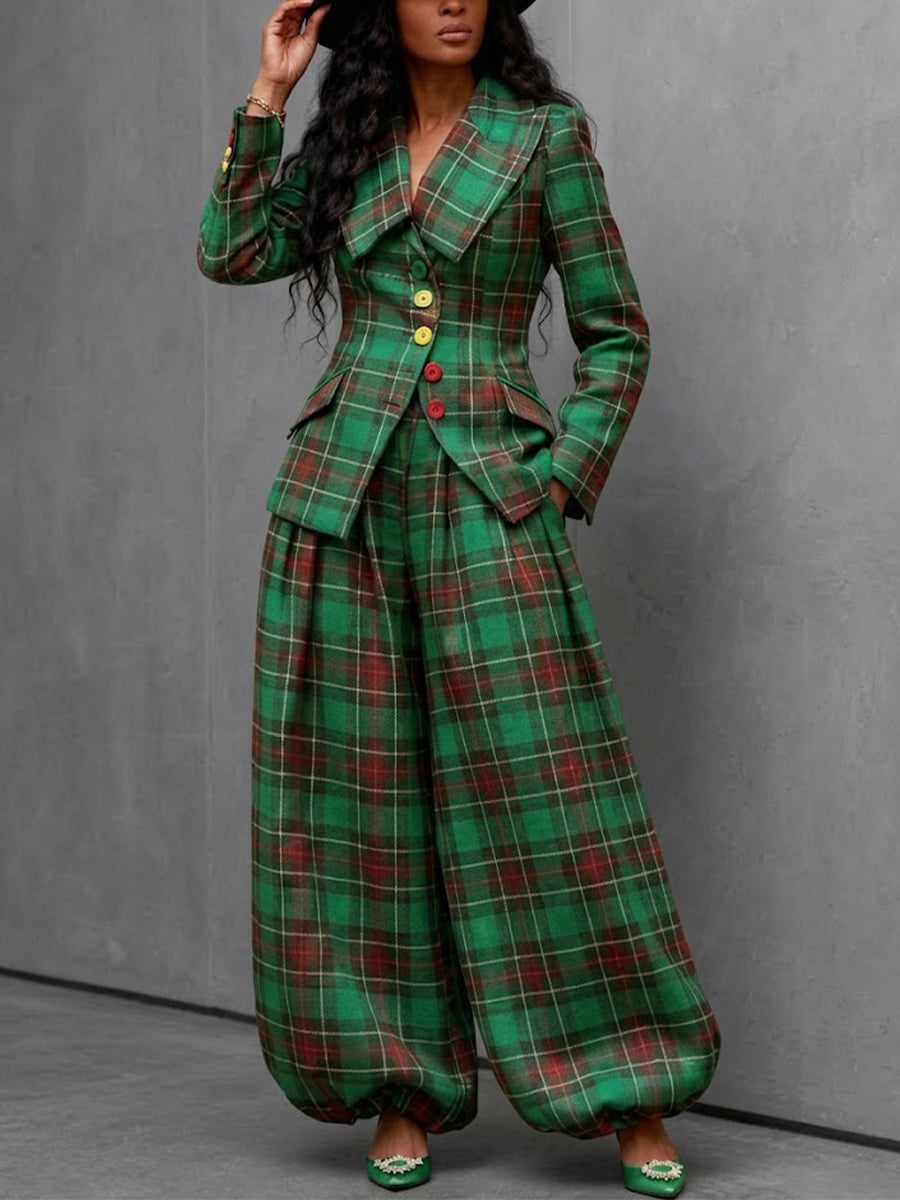 Two-piece Set: Plaid Jacket And Lantern-style Wide-leg Trousers.