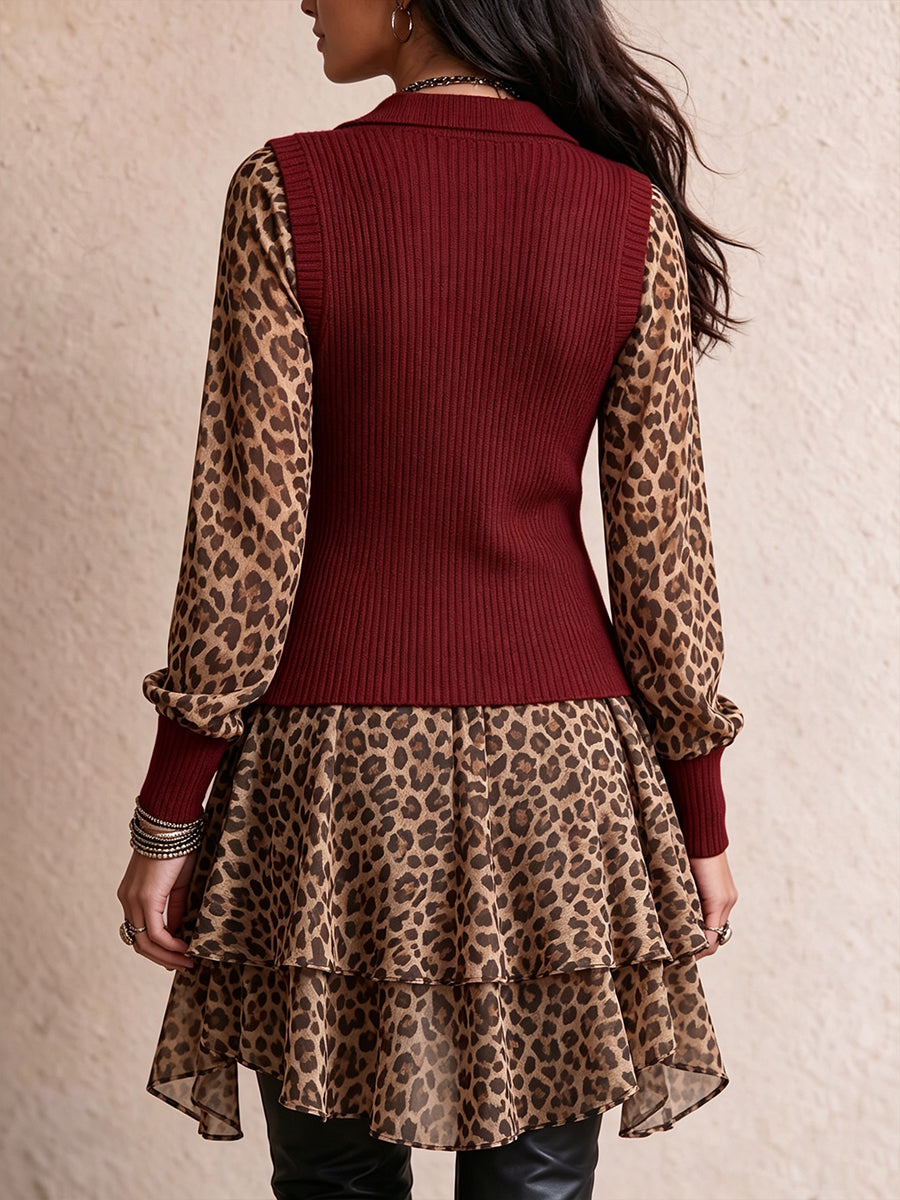 Bold Burgundy Leopard Print Layered Knit Top