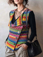 Women's Geometric Print Sleeveless Knit Vest – Casual Loose Fit With Collar