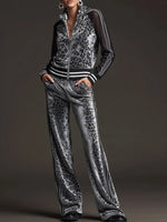 Women's Leopard Print Velvet Set: Long-sleeve Stand-collar Jacket With Mesh Paneling & High-waisted Wide-leg Pants (relaxed Fit)