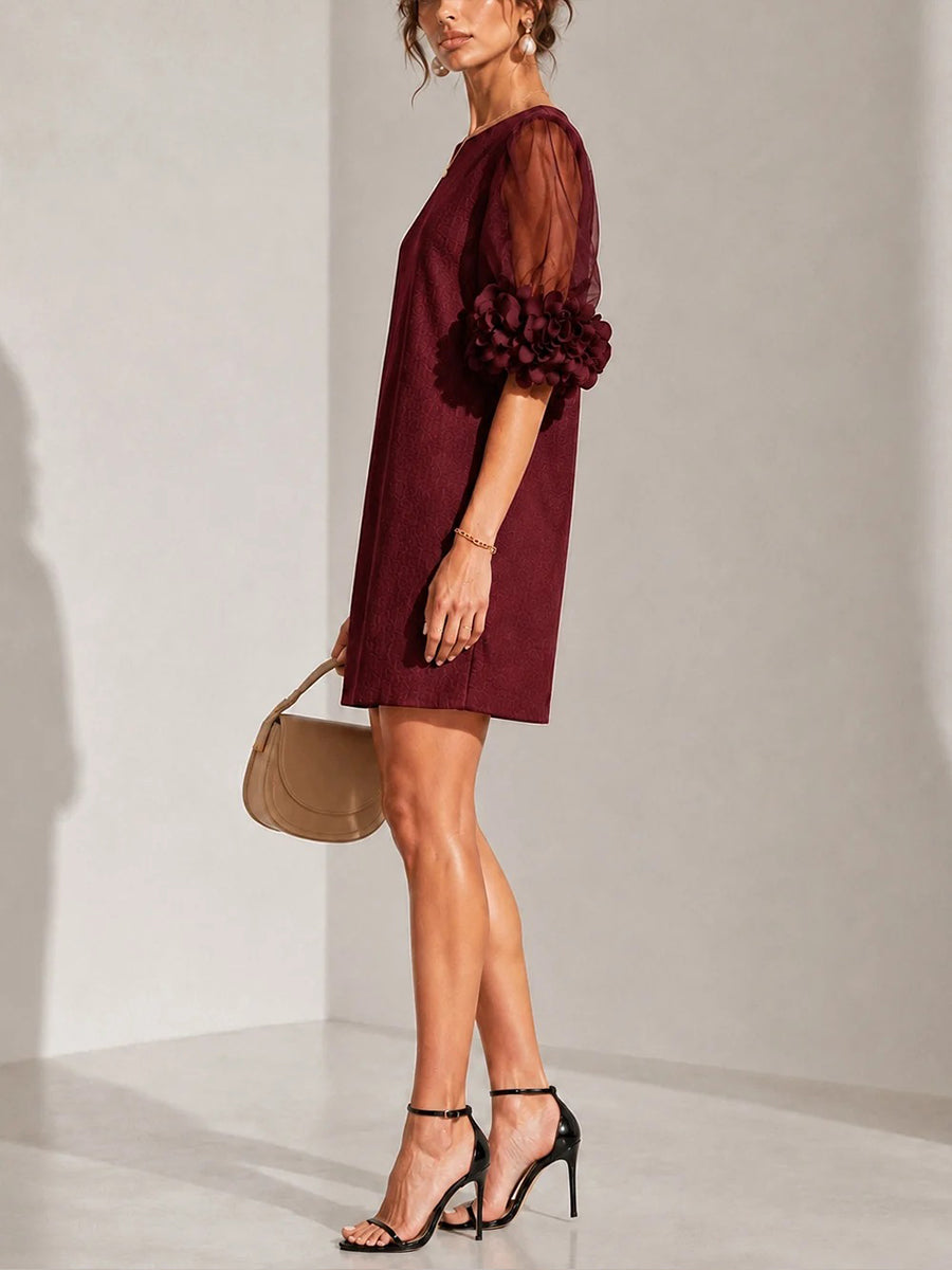 Elegant Burgundy 3D Rosette Organza Sleeve Mini Dress