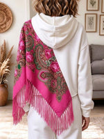 Women's White Hoodie With Attached Pink Floral Fringe Shawl