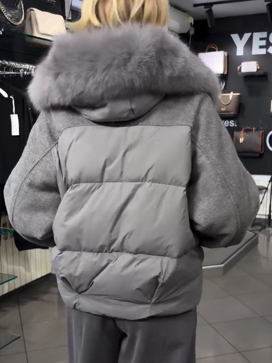 Casual-chic Hooded Down-padded Jacket With A Faux-fur Collar And Wool-blend Paneling.