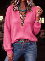 Boho Pink Leopard-print Waffle-knit Polo Top