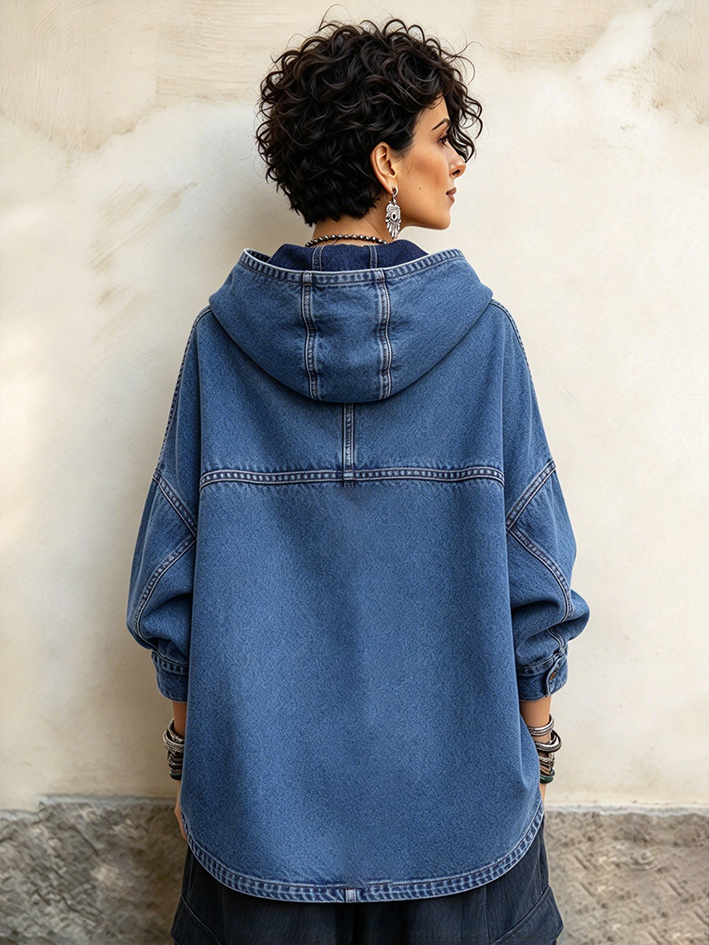 Relaxed Oversized Denim Asymmetrical Button Hooded Jacket