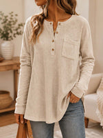 Women's Solid Color Long-sleeve Casual Loose Waffle-knit Top With Cardigan-style Collar