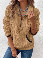 Half Zip Stand Collar Cable Fleece Long Sleeve Top